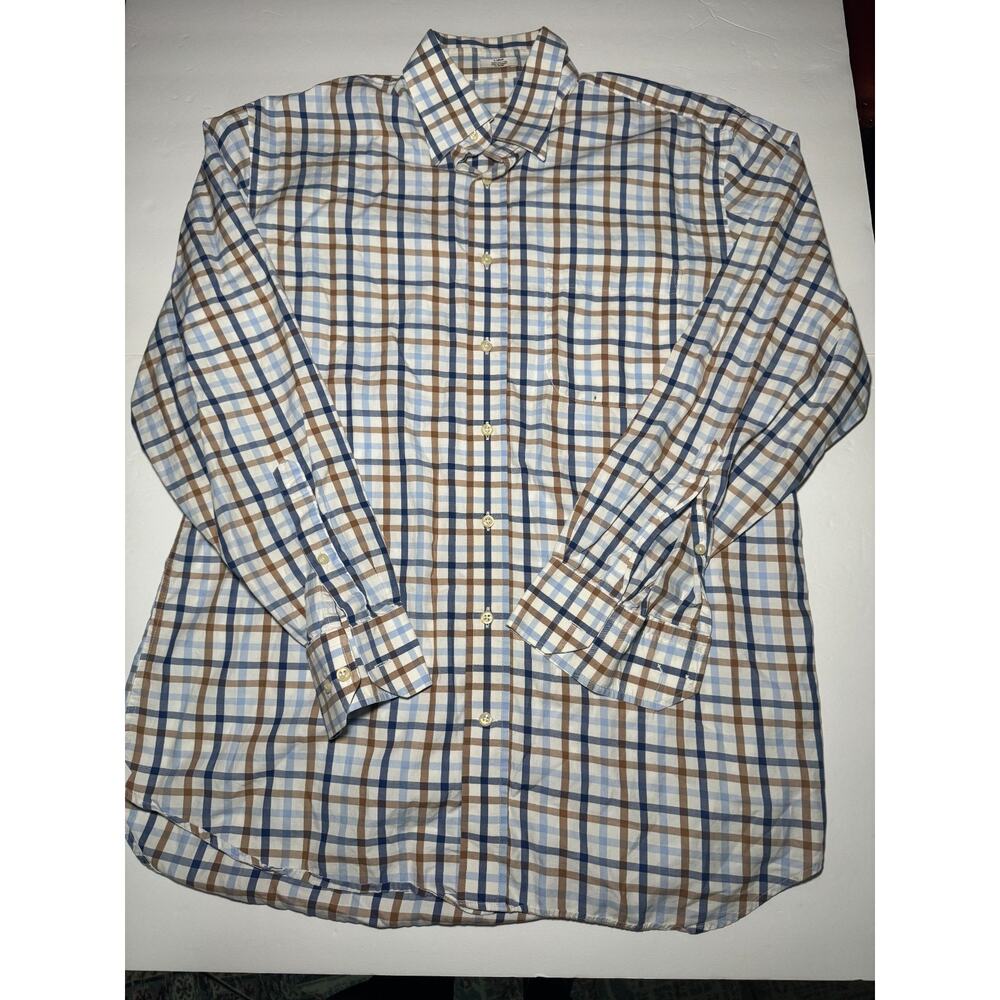 Peter Millar Button Front Shirt Men Large Blue Brown Plaid 100% Cotton Pocket